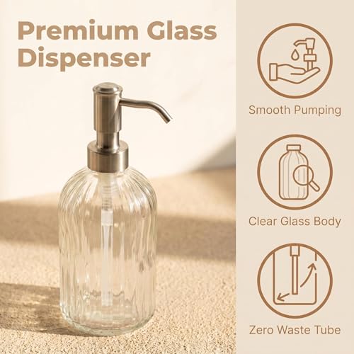 Image of 16 OZ Stripe Design Soap Dispense with 304 Rust Proof Stainless Steel Pump Glass Soap Dispenser Kitchen Soap Dispenser Bathroom