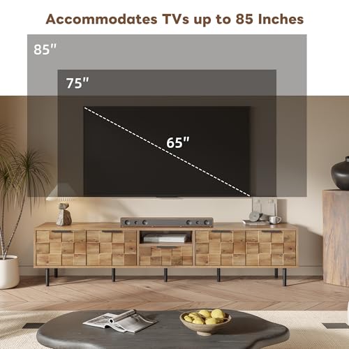Merax 78 Inch TV Stand for TVs Up to 85", Modern Entertainment Center with Storage Drawer and 4 Cabinet Doors, Media Console with Unique Mosaic Front Design for Living Room, Natural by Merax - Used condition - Image 5
