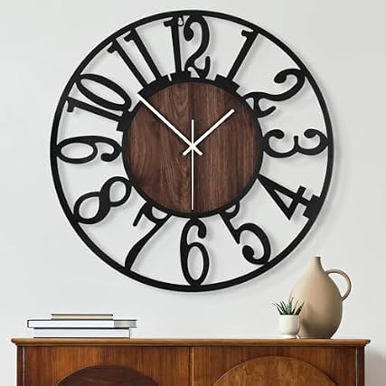 Maxstar Large Round Wall Clock for Living Room Decor Battery Operated Non Ticking Black Metal Wood