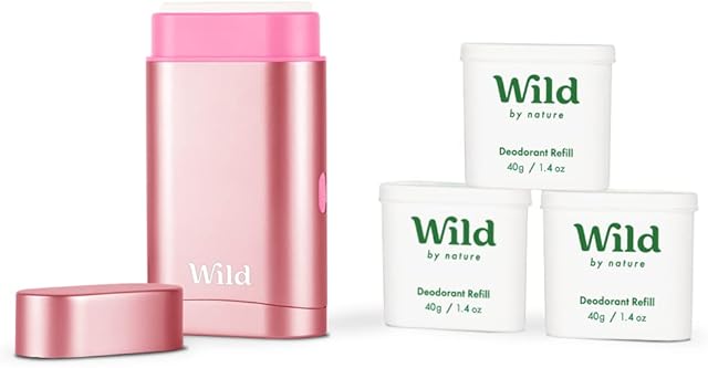 Wild - Natural Refillable Deodorant - Aluminium Free - Pink Case with 3 x Jasmine & Mandarin Refill (40g) - Vegan & Eco-Friendly - Long Lasting Protection - 100% Natural Ingredients - Starter Kit