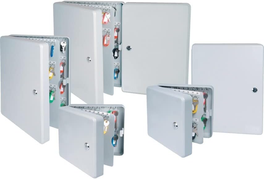 Multiple Helix key cabinets of various sizes, some open showing key hooks and tags.