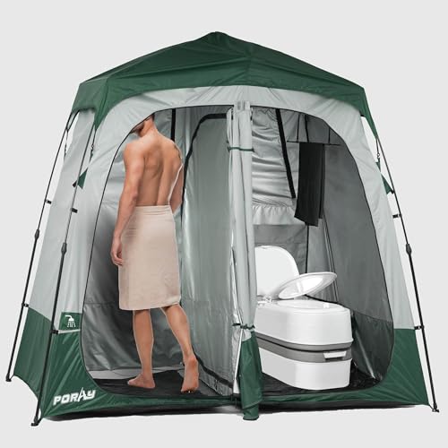 Portable Camping Shower Tent Deluxe Changing Room Easy Set Up Privacy Shelter,Large Toilet Tent 2 Rooms with Floor Drain Design for Beach, Camping,Hiking with Stakes and Ropes for Stability