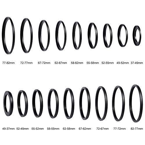 K&F Concept 18 Pieces Filter Ring Adapter Set, Camera Lens Filter Metal Stepping Rings Kit (Includes 9Pcs Step Up Ring Set + 9Pcs Step Down Ring Set) Black #TOP2