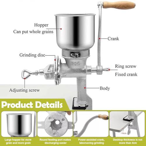 Miniatura 4 de Molinillo De Cereales Manual Con 13cm Tolva Grande 4cm Abrazadera De Mesa,Finura De Molienda Ajustable,Molino De Mano De Hierro Fundido,Para Nuez,Café,Grano,Semillas,Maíz,Especias