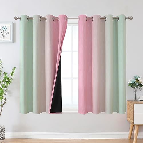 Estelar Textiler Sage and Pink Blackout Curtains 45 Inch Length, Light Blocking Gradient Drapes for Kitchen, Thermal Insulated Grommet Ombre Curtains for Bathroom,52Wx45L,2 Panels
