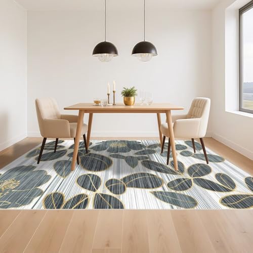 Tapis maison anti dérapant gris bleu 170x240cm grand motif botanique moderne - 6