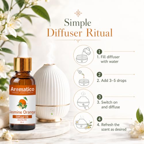 Image of AROMATICO Jasmine Orange Diffuser Oil for Relax Calm Mood, Natural Homely Fragrance & Aromatherapy | Long Lasting Fragrance for Office, Home, Spa & Restaurant 30ML