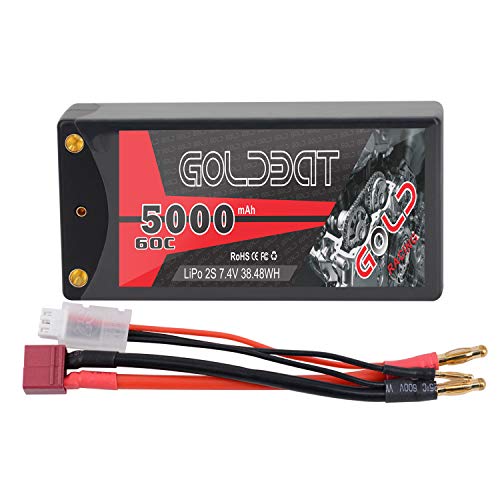 GOLDBAT 5000mAh 2S 7.4V 60C Shorty Hardcase LiPo Battery Pack with 4.0mm Bullet T Connector for RC 1/10 Scale Vehicles Car Trucks Truggy Boat Racing