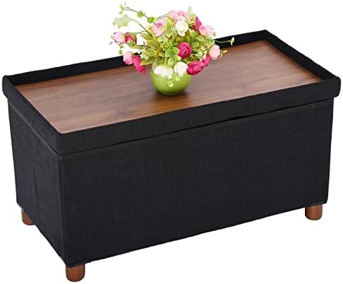 Ao Lei 30 Inches Storage Ottoman Bench, Storage Bench with Wooden Legs for Living Room Ottoman Foot Rest Removeable Lid for Bedroom End of Bed, Linen Fabric, Folding Black Ottoman
