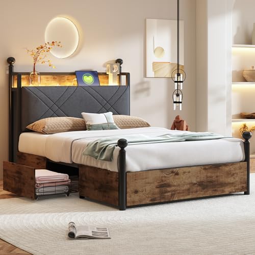 Cama individual de hierro, cama juvenil, multifuncional, 90 x 190 cm, con espacio de almacenamiento y dosel de hierro forjado, con postes extraíbles con LED y puertos de carga USB / tipo C y dos