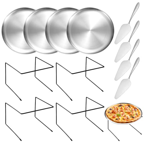GRETJOB 12 Pcs Pizza Pan Riser Stand Set, 4 Metal Pizza Table Stands + 4 Nonstick Pizza Pans + 4 Pie Servers, Pizza Rack & Tray for Baking, Dessert, Cheese, Party, and Restaurant Use (Silver) by GRETJOB - Used condition - US$35.11