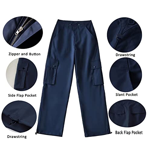 Yahuiul Cargo Pants Women, High Waist Baggy Parachute Pants For Women With Flap Pocket Relaxed Fit Straight Wide Leg Y2K Fashion 380 Navy Blue S #TOP5