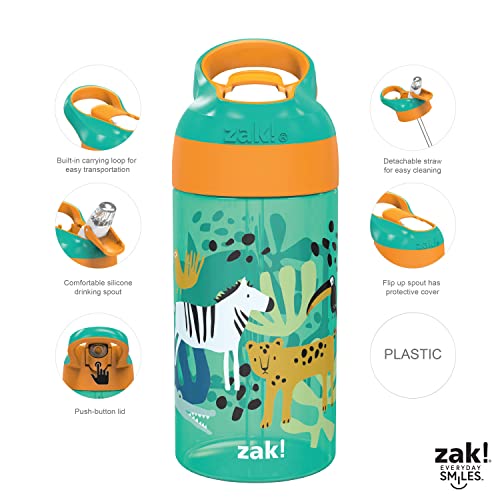 Image of Zak Designs 16oz Riverside Kids Water Bottle with Spout Cover and Built-in Carrying Loop, Made of Durable Plastic, Leak-Proof Water Bottle Design for Travel (Dino Camo & Safari, Pack of 2)
