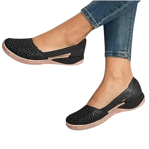Smoneyful Women Hollow Ballet Flats, Round Toe Low Heels, Vintage Faux Leather, Dressy Comfortable with Diamond Eyelets for Summer Walking3