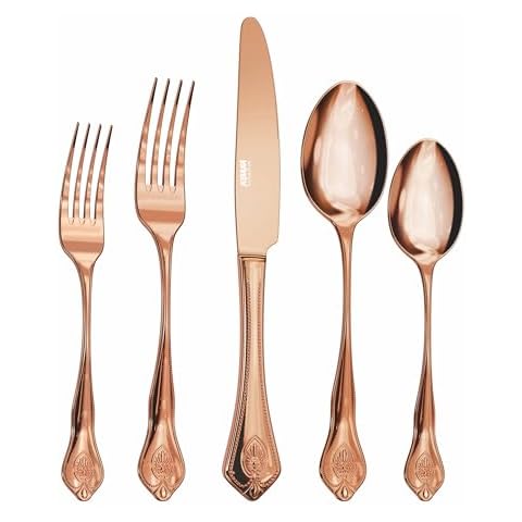 Regent Bead 20-Piece Rose Gold Flatware Set, Mirror Polished Premium Stainless-Steel Deluxe Silverware Set Service for 4, Include Knife Fork Spoon, Dishwasher Safe Cover