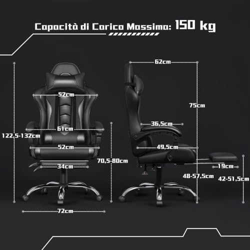 Sedia Gaming Ergonomica Massaggiante Reclinabile con Poggiapiedi Poggiatesta e Supporto Lombare Braccioli Imbottiti in Finta Pelle - Sedia gaming - Immagine 2