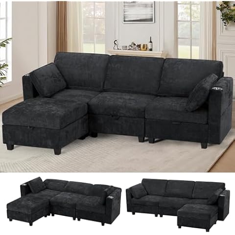 ACMEASE 86" Chenille 3 Seats Sofa w/Movable Storage Ottoman, Sectional Sofa w/Adjustable Backrests, Fabric Couch w/USB&Type-C Ports, Cup Holders for Living Room, Black Cover