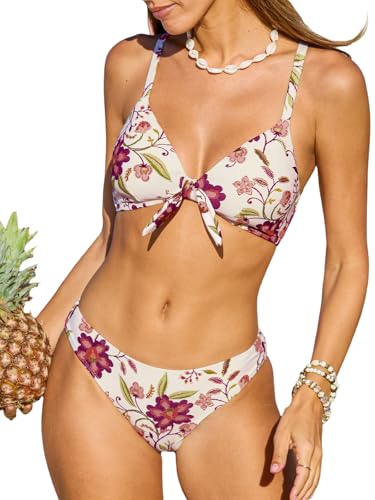 Image of CUPSHE Women's V Neck Bikini Sets Crossback Two Piece Swimsuit | Bunny Tie,Soft Removable Cups,Adjustable Straps,Mid Rise,Flattering Bathing Suit For Vacation And Beach