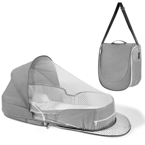 Image of Dr. Pure Portable Baby Bassinet for Travel: Lightweight Foldable Infants Bed Crib for 0-12 Months Newborn with 2-1 Mosquito Netting and Blackout Curtain - Baby Essentials Gift
