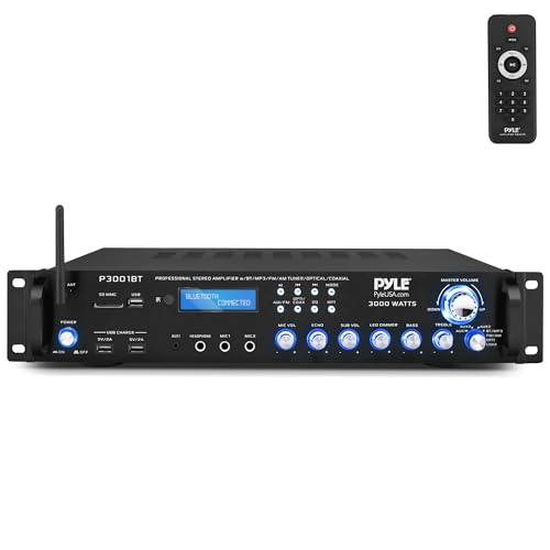 Pyle 3000W Multi-Channel Bluetooth Wireless Power Amplifier - Rack Mount - Stereo Receiver w/ FM Radio - USB/SD - Dual Mic w/ Echo - RCA - Headphone - LED Display - Cooling Fan - P3001BT by Pyle - Used condition - US$130.88