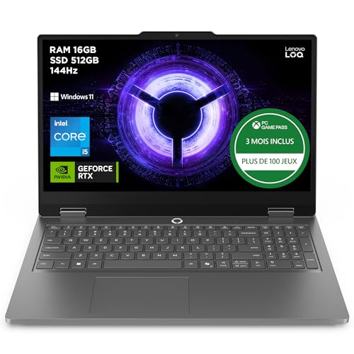 Lenovo LOQ Essential 15IRX11 - Ordinateur Portable Gaming 15.6'' FHD 144Hz (Intel Core i5-13450HX, RAM 16Go, SSD 512Go, NVIDIA RTX 5050 8GB, Windows 11 Home) Clavier AZERTY Français - Gris