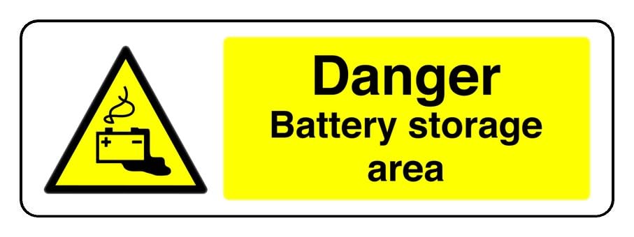 Danger Battery Storage Area - safety sign - 1.2mm Rigid plastic for indoor/outdoor usage (300mm x 100mm) Viewing Distance within 5m.