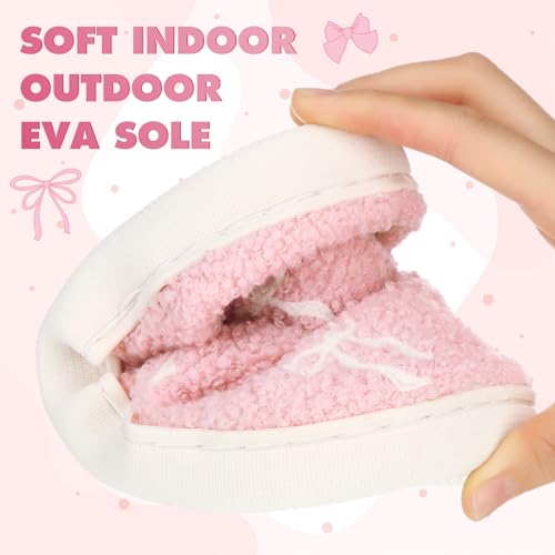 Pink Bow Slippers for Women Cute Coquette Bow Slippers Plush Fluffy Warm Fur Lined House Winter Home Shoes Women Indoor Outdoor4
