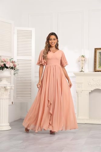 Image of Women's V Neck Short Sleeve Bridesmaid Dresses for Wedding Ruffled Chiffon Evening Formal Gown