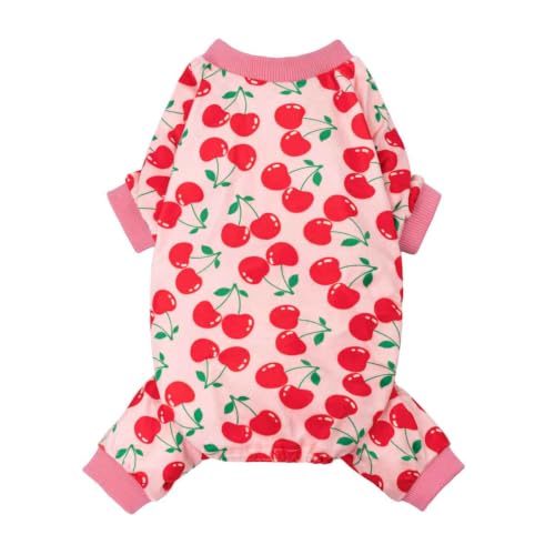 Fitwarm Cute Cherry Dog Pajamas, Warm Dog Onesie with Feet, Dog Clothes for Small Dogs Girl, Fleece Pet Outfit, Pink, Red, XL