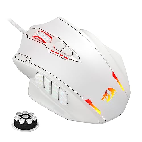 Redragon M908 Impact RGB LED MMO Gaming Mouse with 12 Side Buttons, Optical Wired Ergonomic Mouse with Max 12,400DPI, High Precision, 18 Programmable Macro Shortcuts, Comfort Grip, White | S