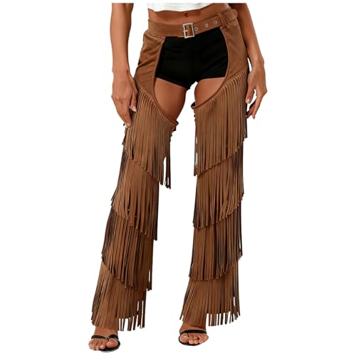 Rswnyirn Damen Cowboy Hose Überhosen Lang Chaps Pants mit Fransen Retro Western Sherriff Rollenspiel Kostüm Mottoparty Fasching Du…