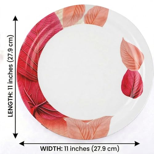 Image of Melamine Dinner Plates | Round Full Plate | Microwave Safe | Break Resistant | Plates for Breakfast, Lunch, Dinner | Plates for home, Office, Restaurant | Set of 6 | 11 Inch's (PINK LEAF)