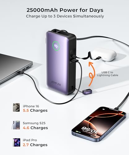 Image of Portable Charger Power Bank - Laptop Battery Pack 65W AC Plug GaN 25000mAh Built in Cable USB C Phone Fast Charging Compatible with iPhone 16 15 14 13 12 11 X iPad MacBook Samsung (Purple)