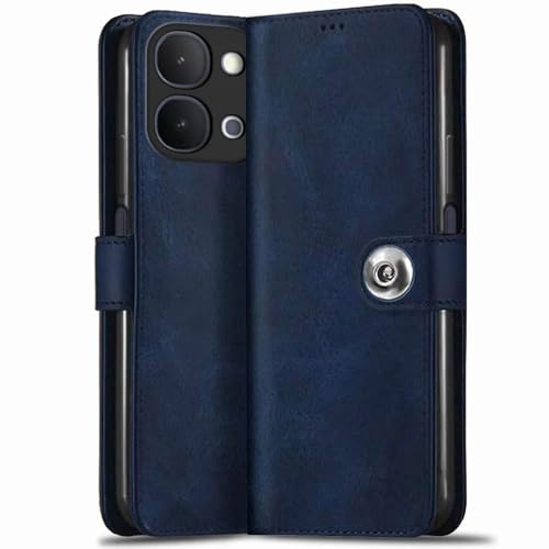 Image of TheGiftKart Flip Back Cover Case for iQOO Z11x 5G / Vivo T5x 5G / Vivo Y51 Pro 5G | Genuine Leather Finish | Designer Button | Inbuilt Pockets & Stand | Flip Back Case Cover (Faux Leather, Blue)