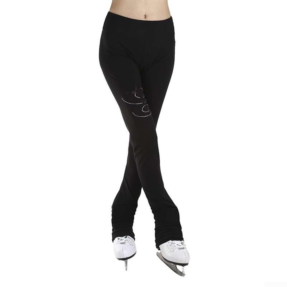 Pantaloni da allenamento da donna per pattinaggio artistico con strass, leggings impermeabili traspiranti per pratica e competizione, collant da ginnastica ad alta elasticità, colore nero