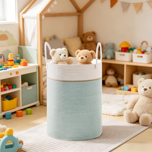 Image of 58L Tall Cotton Rope Laundry Basket with Handles, Sage Green