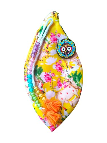 Ahaar Saar Yellow Cow Calf Printed Cotton Jholi With Jagannath ji Batch, Crystal Sakshi Mala-Jaap Mala Jholi With Zipper Pocket-Gomukhi Mala Jaap Jholi Combo