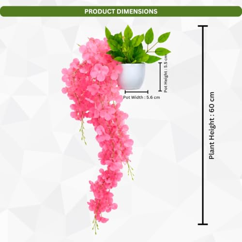 Image of fancymart Artificial Flower Pink Wisteria Hanging Plant with White Pot, 60 cm Height, Pack of 2, Realistic Floral Vine for Home, Office, Living Room & Wall Decor