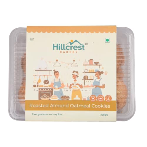 Image of Hillcrest Bakery Roasted Almond Oatmeal Cookies, 18 Pieces, 300 Grams | Premium Baked Snack | Crispy & Delicious | Tea Time Treat | Suitable for Everyday Snacking | Hygienically Packed