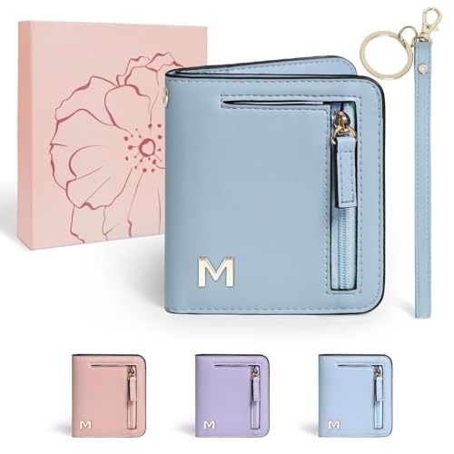 COSHAYSOO Personalized Birthday Gifts for Women Friend Sister Appreciation Thank You Gift for Coworker Employee Female Boss Teacher Nurse, Unique Useful RFID Woman Wallet Small Blue Initial Letter M