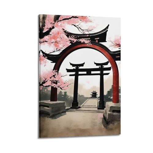 Impression sur toile paysage japonais de qualité supérieure avec cadre Torii Sakura