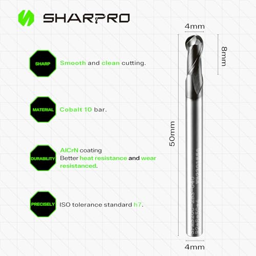 Hartmetall-Kugelkopf-Fräser, 2 Schneiden, 4mm Schaft (SHK), 4mm Schnittdurchmesser, AlCrN-beschichtet, geeignet für Legierungsstahl