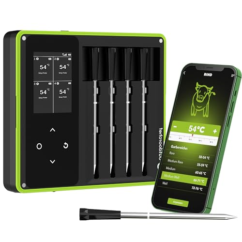 Outdoorchef Easy Check Thermometer Quadro – Wireless Bluetooth BBQ‑Thermometer mit App, 4 Fühler, 200 m Reichweite, spülmaschinenfest, inkl. magnetischer Dockingstation