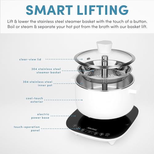 Aroma Housewares 2.5-Liter Smart Electric Hot Pot & Rapid Boil Steamer with Automatic Stainless Steel Steamer Basket Lift, White, ASP-700 by AROMA - Image 3
