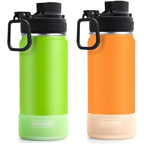 koodee 16 oz Water Bottle-2 Pack Stainless Steel Insulated Water Bottle with Straw-Reusable Metal Water Bottle for Girls, BPA Free (Apple Green-Mango Yellow) Cover