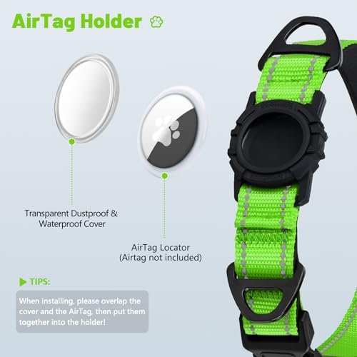 Taglory Reflective AirTag Dog Collar with Waterproof Airtag Holder, Dual D-Rings, Durable Safety Buckle, Adjustable Soft Padded for Small Dogs Night Walking, Outdoor Tracking, Green, XS by Taglory - Image 3