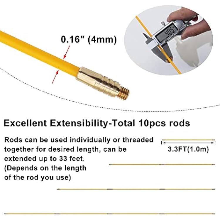 33' Fiberglass Running Electrical Wire Cable Pulling Fish Tape kit with 5 different attachments in a Carrying Case