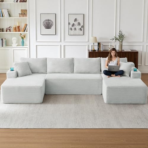 Image of Oversized Cloud Boneless Couch with Chaise, Modern Modular Sofa with Deep Seat, Corduroy Upholstered U Shaped Couch for Living Room, No Assembly Required (Light Grey)