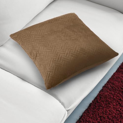 Image of Encasa XO Velvet Cushion Covers, No Inserts, Set of 2, Tan | 16 inchx16 inch | Both Side Fabric | Hidden Zipper Closure | Solid Color | Fade & Shrink Resistant | Machine Washable