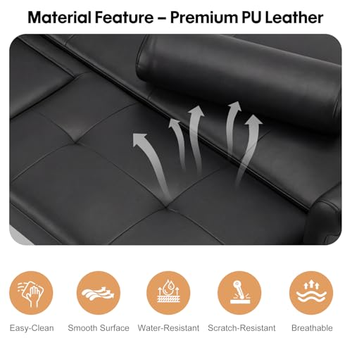 Panana Modern 3 Seater Sofa Bed, Black Faux Leather Upholstered Sofa bed with Metal Legs,Futon Recliner Lounge for Living Room, Spare Room, Bedroom (Black with Cup Holder) - Image 5